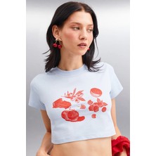 Ethiquet SERENE Kadın Kısa Kollu Baskılı Crop Mavi T-Shirt