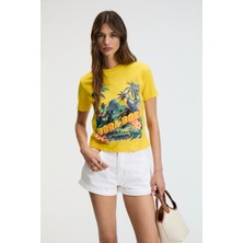 Ethiquet MELVESSA Kadın %100 Pamuk Baskı Detaylı Regular Fit Bisiklet Yakalı Sarı T-Shirt