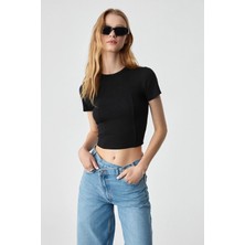 Ethiquet CERAEN Kadın Slim Kısa Kol Bisiklet Yaka Siyah T-Shirt