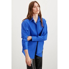 Ethiquet CELIA Kadın %100 Organik Pamuklu Oversize Fit Bol Kesim Tek Cepli Dokuma Lacivert Gömlek
