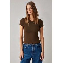 Ethiquet MASROUTI Kadın Slim Kısa V Yaka Kısa Kol Kahverengi T-Shirt