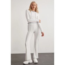 Ethiquet FATIMA Kadın Dikiş Detaylı Slim Fit Dara Kalıp Geniş Paça 3 İplik Örme Beyaz Pantolon
