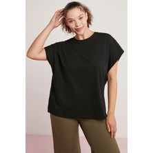 Ethiquet Dory Kadın 100% Pamuk Oversize Fit Yarasa Kol Yuvarlak Yaka Siyah Büyük Beden T-shirt