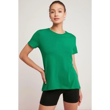 ETHIQUET Tatum Kadın %100 Organik Pamuklu Süprem Yuvarlak Yaka Comfort Fit Kısa Kollu Örme Yeşil T-shirt