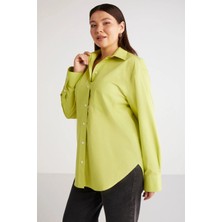 Ethiquet Susan Kadın Büyük Beden Poplin Manşetli Oversize Yeşil Büyük Beden Gömlek