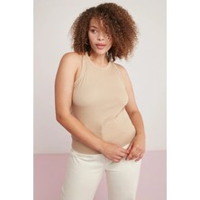 ETHIQUET Carına Kadın Fitilli Görünümlü Halter Yaka Bej Büyük Beden Body