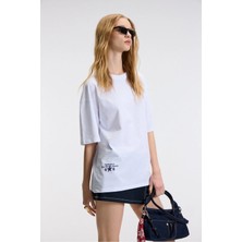 Ethiquet TAVENA Kadın %100 Pamuk Baskılı Oversize Fit Kısa Kollu Yuvarlak Yaka Beyaz T-Shirt