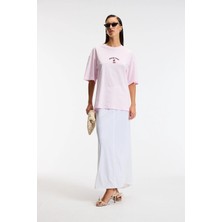 Ethiquet TAVENA Kadın %100 Pamuk Baskılı Oversize Fit Kısa Kollu Yuvarlak Yaka Pembe T-Shirt