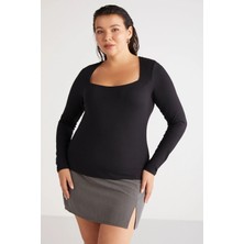 Ethiquet Aadabb Kadın Büyük Beden Slim Fit Dar Kesim Vücudu Saran Kare Yaka Uzun Kollu Siyah Büyük Beden Bluz