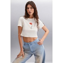 Ethiquet IRMA 100% Pamuk Kadın Baskılı Crop Vanilya T-Shirt
