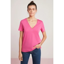 ETHIQUET Mabel Kadın 100% Pamuk V Yaka Yarım Kollu Örme Regular Fit Basıc Pembe T-shirt