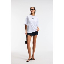 Ethiquet ZEYLINA Kadın %100 Pamuk Baskılı Regular Fit Kısa Kollu Bisiklet Yaka Beyaz T-Shirt