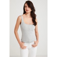 ETHIQUET Lıtzy Kadın Slim Fit Dar Kalıp Düğme Detaylı Kalın Askılı Oyuk Yaka Grimelanj Atlet
