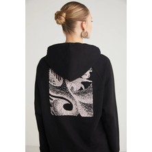 Ethiquet GLACE Kadın Ön Ve Arka Baskı Detaylı Kapüşonlu Regular Fit Normal Kalıp Siyah Sweatshirt