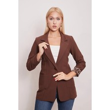 Jument Yakalı Cepli Uzun Kol Kolu İsterse Katlanabilen Pamuklu Kumaş Blazer Ofis Ceket-Kahve