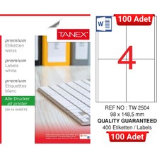 Tanex TW-2504 98X148,5 mm Inkjet / Laser A4 Etiket Yetkili Satıcı (100 Adet)