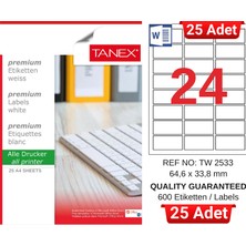 Tanex TW-2533 64,6 x 33,8 mm Inkjet / Laser A4 Etiket Yetkili Satıcı (25 Adet)