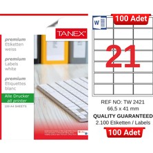 Tanex TW-2421 66,5X41 mm Inkjet / Laser A4 Etiket Yetkili Satıcı (100 Adet)
