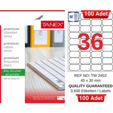 Tanex TW-2453 45X30 mm Inkjet / Laser A4 Etiket Yetkili Satıcı (100 Adet)