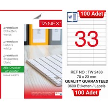 Tanex TW-2433 70X23 mm Inkjet / Laser A4 Etiket Yetkili Satıcı (100 Adet)