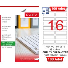 Tanex TW-2516 95X25 mm Inkjet / Laser A4 Etiket Yetkili Satıcı (100 Adet)