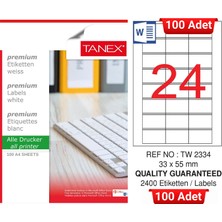 Tanex TW-2334 33X55 mm Inkjet / Laser A4 Etiket Yetkili Satıcı (100 Adet)