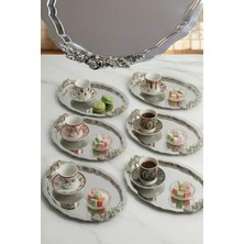 Ahir Ticaret 6 Adet Oval-Bulut Model Gül Motifli Kahve-Çay Sunum Tepsisi 25 cm x 20 cm