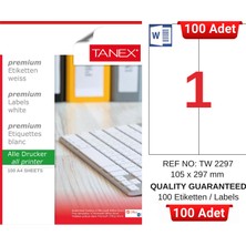 Tanex TW-2297 105X297 mm Inkjet / Laser A4 Etiket Yetkili Satıcı (100 Adet)