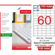 Tanex TW-2260 40X24 mm Inkjet / Laser A4 Etiket Yetkili Satıcı (100 Adet)