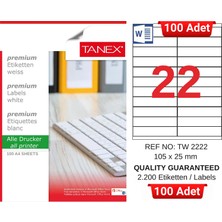 Tanex TW-2222 105X25 mm Inkjet / Laser A4 Etiket Yetkili Satıcı (100 Adet)