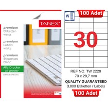 Tanex TW-2229 70X29,7 mm Inkjet / Laser A4 Etiket Yetkili Satıcı (100 Adet)