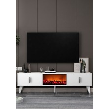 Cantek Dizayn TV0061-0061-TXA150-64 Şömineli Tv Sehpası Beyaz-Gümüş