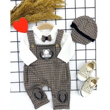 Diji Baby 3-6-9-12 Ay Papyonlu Kırçıl Nakış Detaylı Kasket Şapkalı Uzun Kollu 3lü Erkek Bebek Salopet Takımı