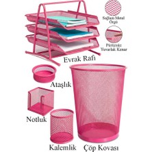 Artlantis Pembe Metal Evrak Rafı 3 Lü Masaüstü Kalemlik 3 Lü ve Fileli Çöp Kovası 1 Paket Masaüstü A4 Dosya Düzenleyici Notluk