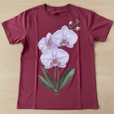 Alza Design Bordo Lila Orkide Çiçeği Baskılı Pamuklu T-Shirt