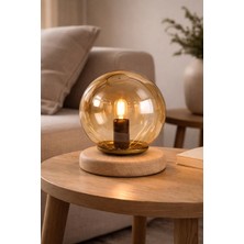 Mars Concept Minimal Amber Küre Camlı Masa ve Gece Lambası, Masif Ahşap Taban (Gürgen Ağacı) E14
