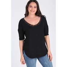 Curvy Trend Büyük Beden Geniş Dantel Yaka Yarım Kol Yan Yırtmaç Bluz