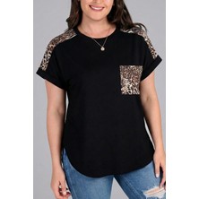 Curvy Trend Büyük Beden Omuz ve Cep Leopar Desenli Bisiklet Yaka Kısa Kol Yan Yırtmaç Bluz