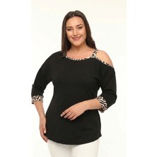 Curvy Trend Büyük Beden Asimetrik Tek Omuz Leopar Bant Leopar Kol Ucu Detaylı Bluz