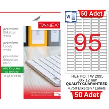 Tanex TW-2095 30X12 mm Inkjet / Laser A4 Etiket Yetkili Satıcı (50 Adet)