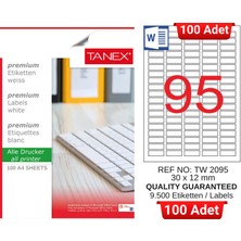 Tanex TW-2095 30X12 mm Inkjet / Laser A4 Etiket Yetkili Satıcı (100 Adet)