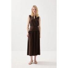 Gusto Yırtmaçlı Uzun Tencel Etek - Kahverengi