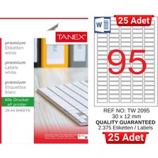 Tanex TW-2095 30X12 mm Inkjet / Laser A4 Etiket (25 Adet)