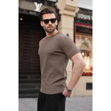 Madmext Açık Kahverengi Bisiklet Yaka Fitilli Erkek Tişört E7474