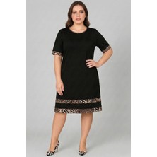 Curvy Trend Büyük Beden Kol Ucu ve Eteği Leopar Garnili Kısa Kol Viskon Elbise
