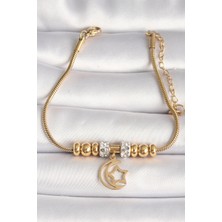 Pazarcan Çelik Gold Renk Tüp Zincir Zirkon Taş Detaylı Sallantı Ay Yıldız Figür Kadın Bileklik