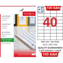 Tanex TW-2040 52,5X29,7 mm Inkjet / Laser A4 Etiket Yetkili Satıcı (100 Adet)