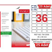 Tanex TW-2036 45X30 mm Inkjet / Laser A4 Etiket Yetkili Satıcı (25 Adet)