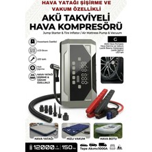 Yussraw Ferofe 12.000MAH Araç Akü Takviyeli Işıklı Hava Kompresörü Akü Takviye Cihazı 4'ü 1 Arada