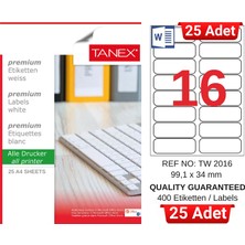 Tanex TW-2016 99,1X34 mm Inkjet / Laser A4 Etiket Yetkili Satıcı (25 Adet)